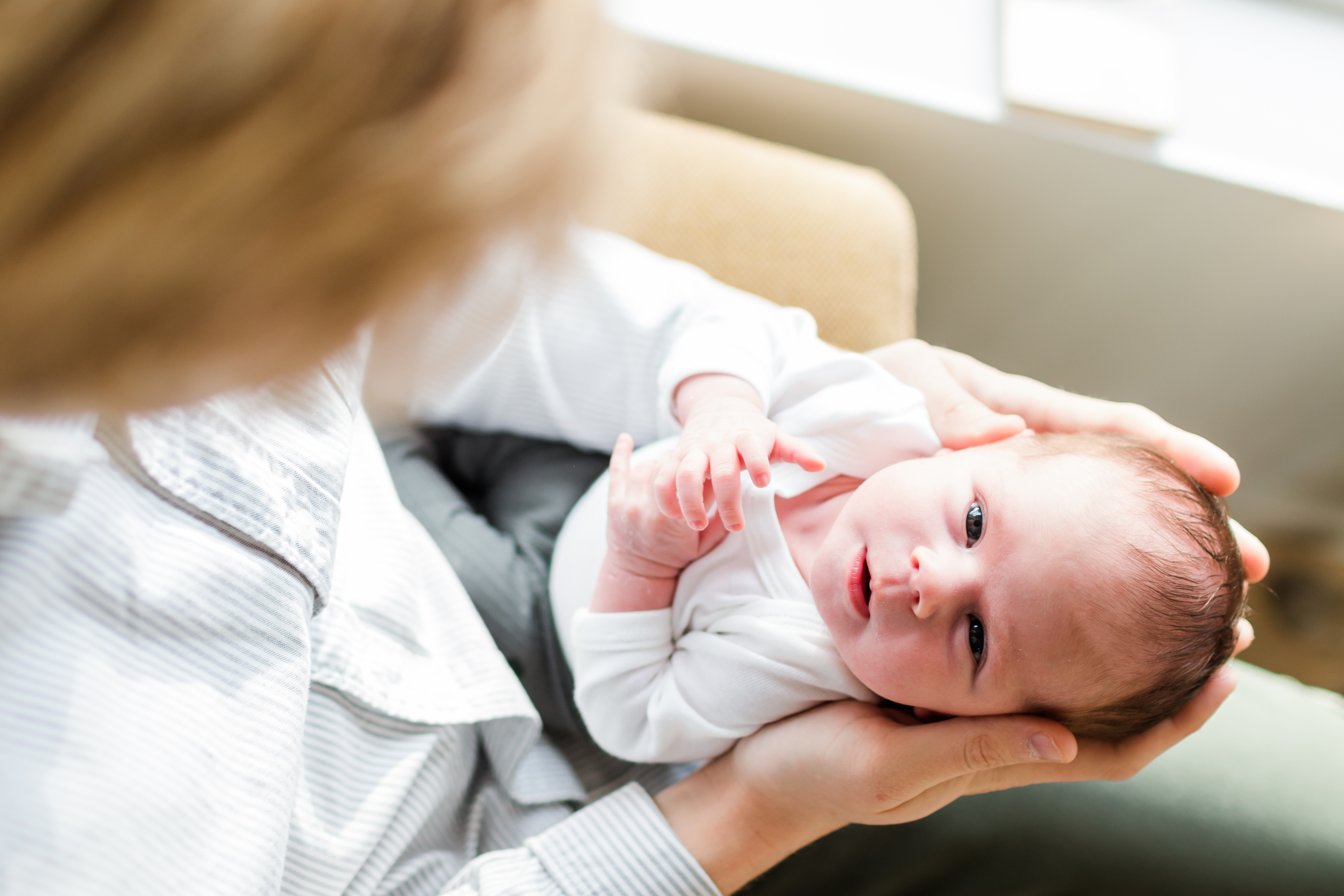 Baby in dad's hands, looking at camera, newborn photographer near me