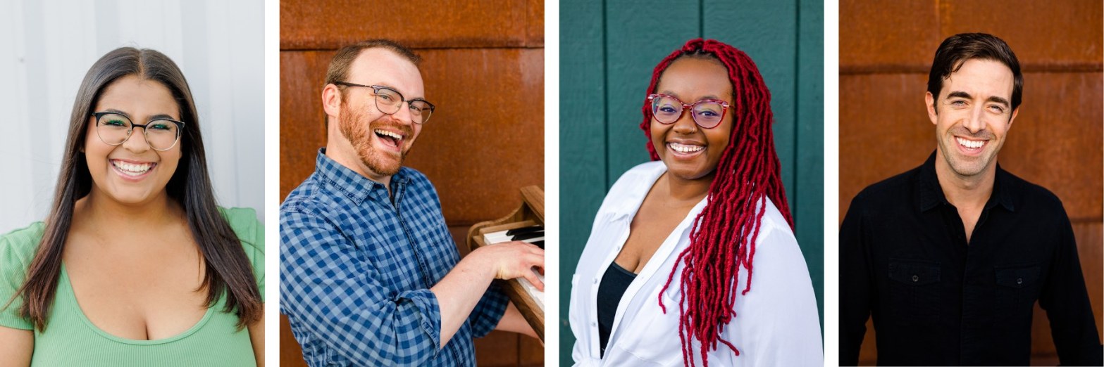 Headshots of four professional actors, two men and two women