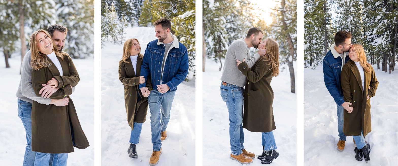 Four photos of a couple in the snowy woods
